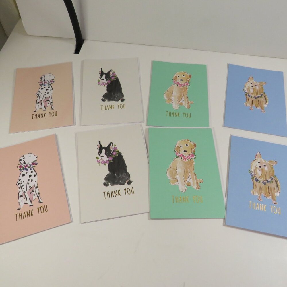 Pastel Dog (8) Note Cards THANK YOU Gold Blank inside Puppy